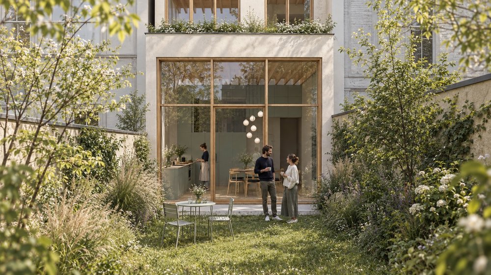 Coosemans - vue 3D jardin Rénovation maison Schaerbeek - RG architectes