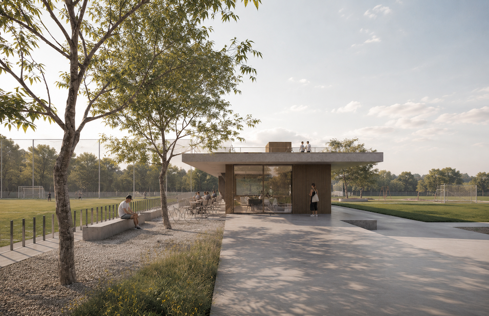 RG architectes - Hoekies architecture hall sportif padel hockey Belgique - Rendu 3D